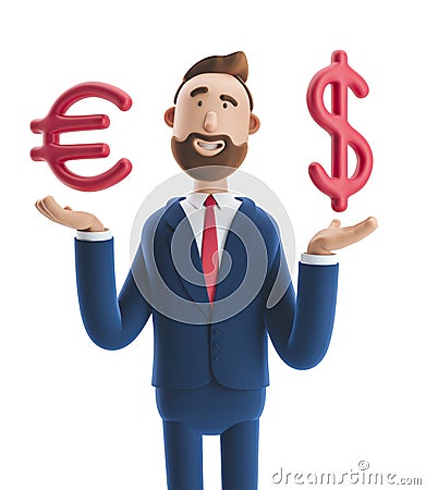 3d illustration. Businessman Billy with big euro and dollar sign. Cartoon Illustration