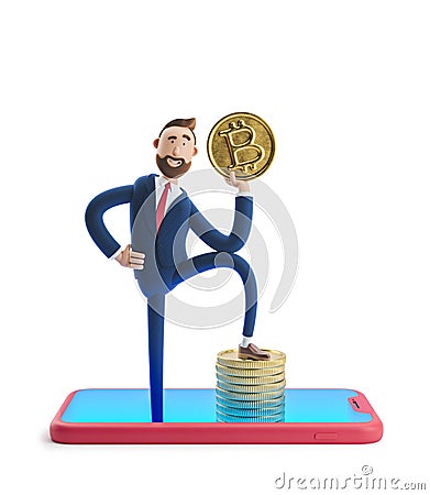 3d illustration. Businessman Billy with bitcoin. Mobile banking concept. Online Bank. Cryptocurrency Cartoon Illustration