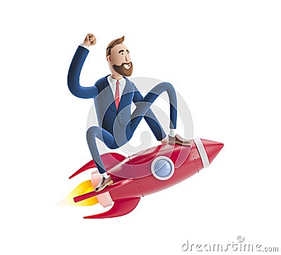 3d illustration. Businessman Billy flying on a rocket up. Concept of business startup, launching of a new company. Cartoon Illustration