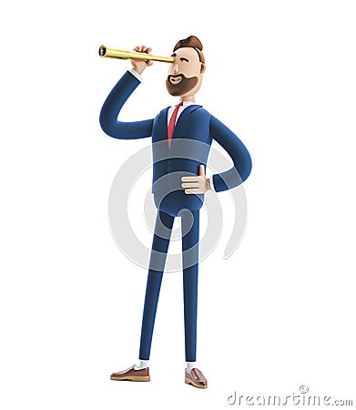 3d illustration. Businessman Billy looking in future with spyglass . Cartoon Illustration