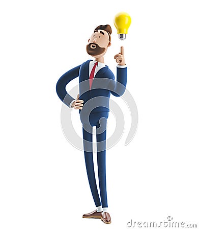 3d illustration. Businessman Billy with yellow bulb. Innovation and inspiration concept. Cartoon Illustration