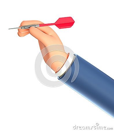 3D illustration of businessman hand holding a dart hitting the target. Concept of choice of strategy, objective attainment Cartoon Illustration