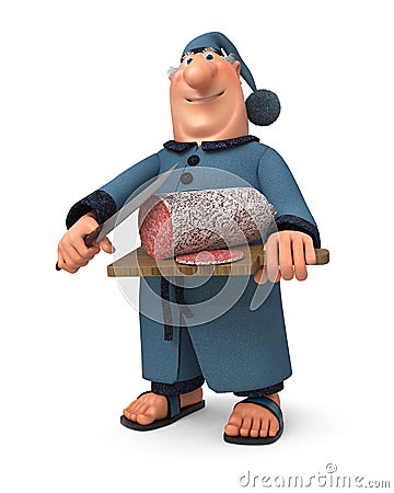 The 3d illustration the businessman with sausage and a knife Cartoon Illustration