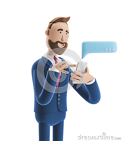 3d illustration. Businessman send message from phone Cartoon Illustration