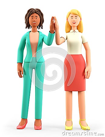 3D illustration of businesswomen informal greeting. Happy cheerful women giving high five. Beautiful cartoon female characters Cartoon Illustration