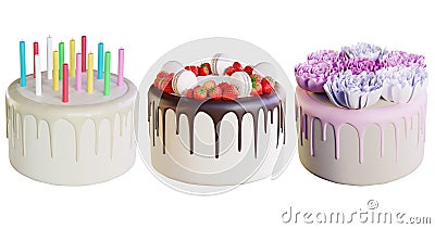 3d illustration of 3 cakes decorated Cartoon Illustration