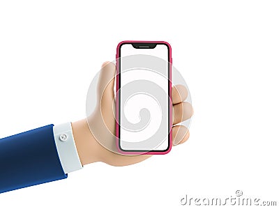 3d illustration. Cartoon businessman character hand holding a phone with white screen. Cartoon Illustration