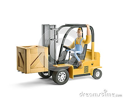 3d illustration. Cartoon character. Deliveryman in overalls carries cargo in a large wooden box on a forklift. Cartoon Illustration