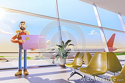 Cartoon character holds a big credit card in airport. 3d illustration. Concept of travel over the air miles Cartoon Illustration