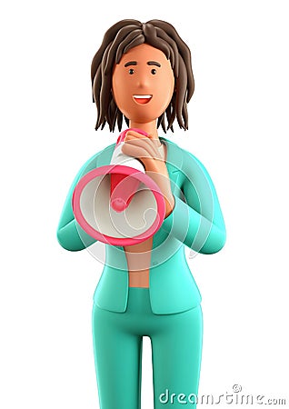 3D illustration of cartoon cheerful african american woman holding a speaker. Close up portrait of cute excited businesswoman Cartoon Illustration