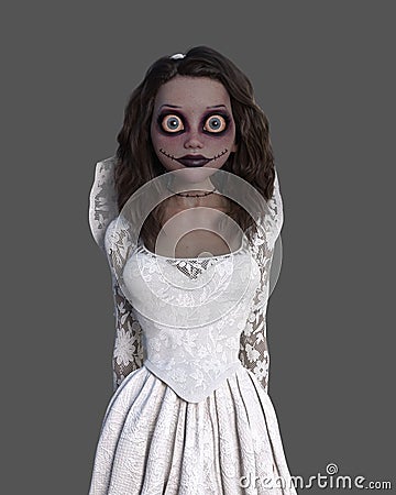 3D illustration of a cartoon Halloween bride in a white dress isolated on a grey background Stock Photo