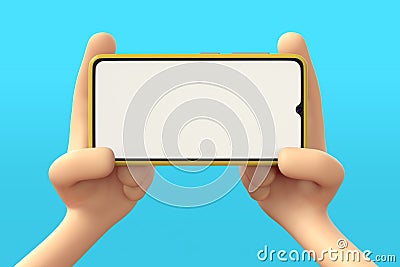 3d illustration of Cartoon hand holding smartphone on blue background. Cartoon modern frameless phone device Mockup. online food Cartoon Illustration