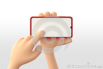 3d illustration of Cartoon hand holding smartphone on white background. Cartoon modern frameless phone device Mockup online shop Cartoon Illustration