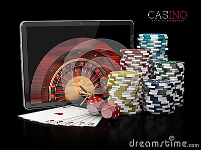 3d Illustration of Casino background with tablet, dice, cards, roulette and chips. Stock Photo