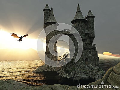 3D Illustration Of A Castle On The Water And Dragon Cartoon Illustration