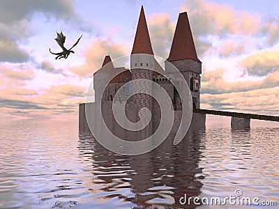 3D Illustration Of A Castle On The Water And Dragon Cartoon Illustration