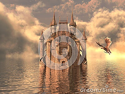 3D Illustration Of A Castle On The Water And Dragon Cartoon Illustration