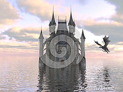 3D Illustration Of A Castle On The Water And Dragon Cartoon Illustration