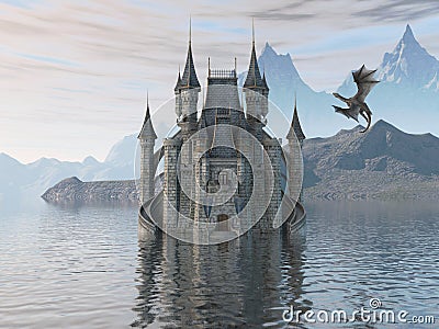 3D Illustration Of A Castle On The Water And Dragon Cartoon Illustration