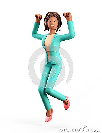 3D illustration of cheerful african american woman jumping celebrating success. Cartoon winning happy businesswoman Cartoon Illustration