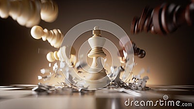 3d illustration, chess game aggressive attack. White king chess piece destroys opponents. Business planning, success concept, Cartoon Illustration