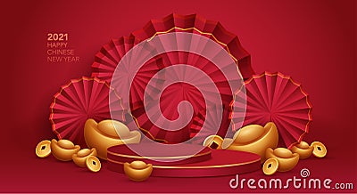 3D illustration Chinese New Year red and golden theme product display background. Vector Illustration