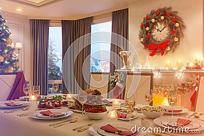 3d illustration of a Christmas family dinner table. An image for Cartoon Illustration