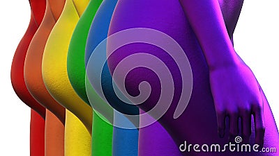 3d illustration. Close-up of multicolored naked female buttocks. Rainbow. metal. Cartoon Illustration