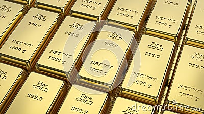 3D illustration closeup group gold bars macro Cartoon Illustration