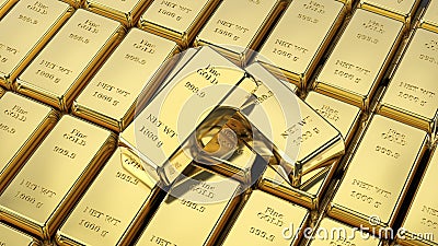 3D illustration closeup shiny group gold bars and two on top Cartoon Illustration