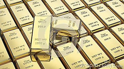 3D illustration closeup shiny group gold bars and two on top Cartoon Illustration