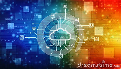 Digital Cloud computing Concept background. Cyber technology, internet data storage, database and mobile server concept Cartoon Illustration