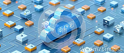 3D illustration of cloud migration, backup, and file integration for fast data transfer. Cartoon Illustration