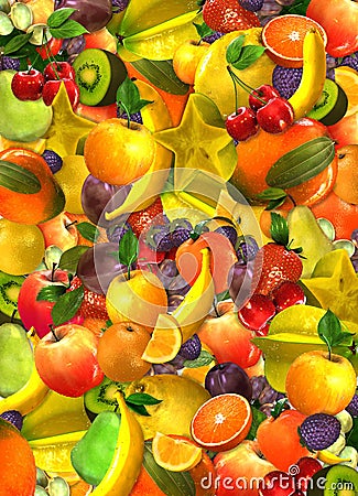 Collage of many different superimposed fruits in different colors Cartoon Illustration