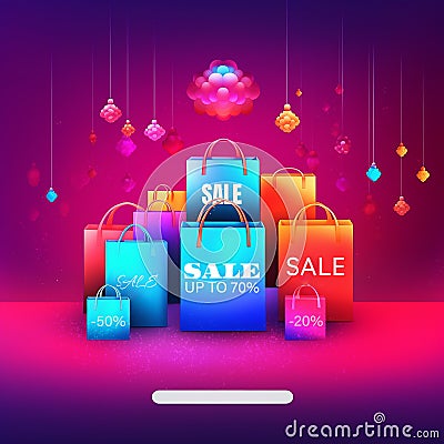 3D illustration of colorful bags with percent discount. Cartoon Illustration