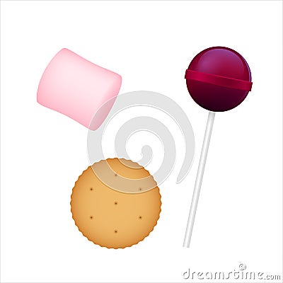 3D illustration. Colorful Chupa Chups, marshmallow, cracker. Vector sweet. Vector Illustration