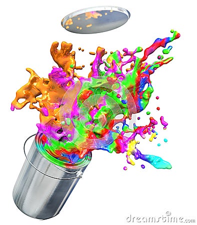 3d illustration of colorful paint busting from a paint buckets Cartoon Illustration