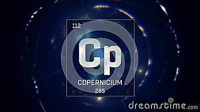 Copernicium as Element 112 of the Periodic Table 3D illustration on blue background Cartoon Illustration