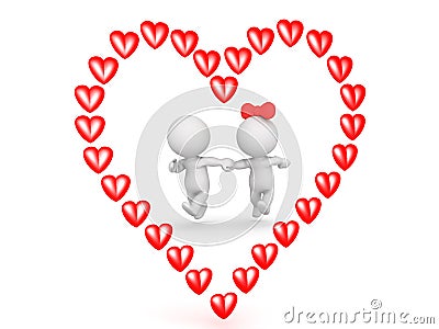 3D illustration of couple running outlined by a red cartoon hear Cartoon Illustration