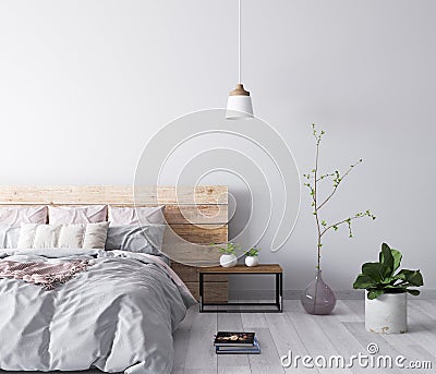 3d illustration. Cozy wooden bedroom in warm colors with painting, a nightstand, a vase and green plant. Front view Cartoon Illustration