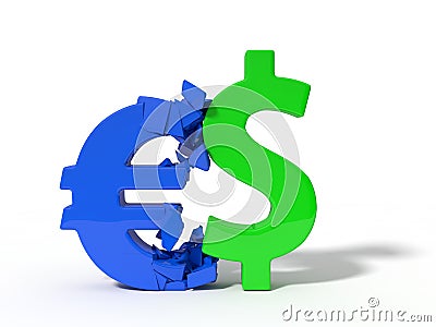 3d illustration of crashing dollar and euro currency signs. Cartoon Illustration