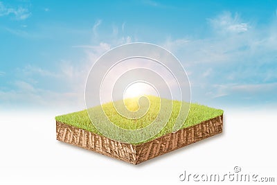 3d illustration of cubical soil slice, green grass floating over sky cloud background Cartoon Illustration