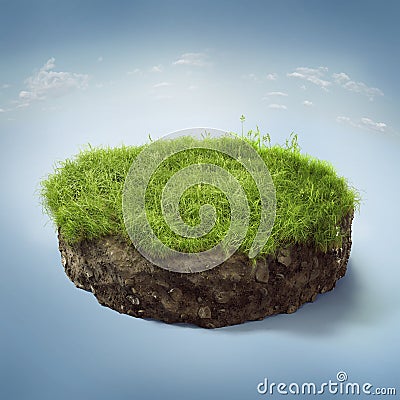 3d illustration with cut of the ground and the beautiful grass and rocks. Cartoon Illustration