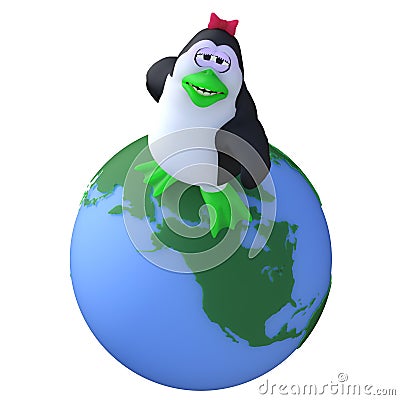 3D-illustration of a cute and funny cartoon penguine on ecosystem earth Stock Photo
