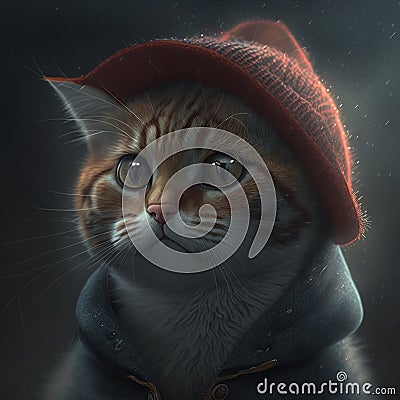 3d illustration of a cute kitten in a red hat, 3d render portrait of animals, grey background Cartoon Illustration