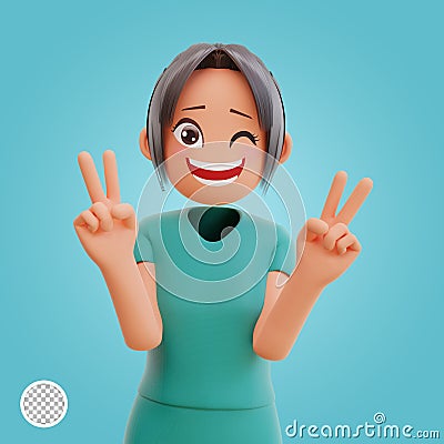 3d illustration cute nurse shows peace sign gesture laughing and smiling posing happy Cartoon Illustration