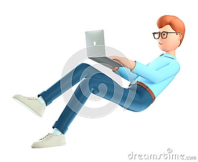 3D illustration of cute smiling man with laptop flying in air, isolated on white. Cartoon falling relaxing businessman, freelancer Cartoon Illustration