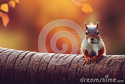 3d illustration of Cute squirrel baby sitting on a timber in autumn Generative AI illustration Cartoon Illustration