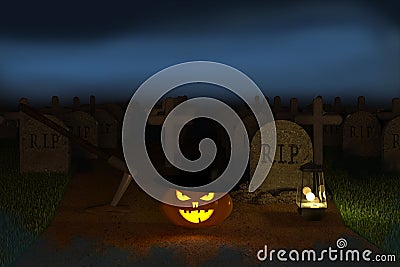 3D illustration, 3D rendering, Devil Pumpkin head in the Dark Cemetery Cartoon Illustration