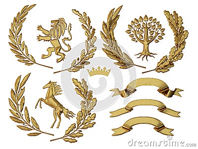 3D illustration of heraldry. A set of objects. Golden olive branches, oak branches, crowns, lion, horse, tree Cartoon Illustration